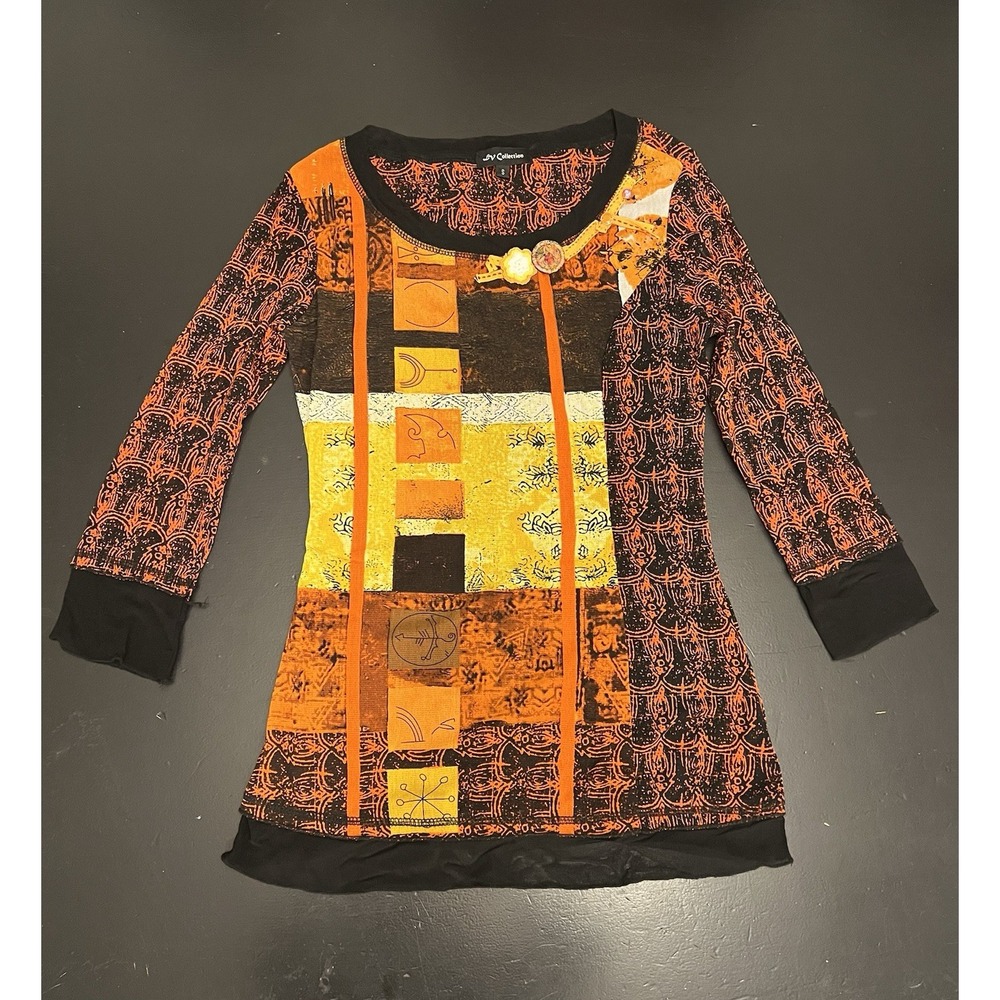 LV Collection Orange Black Y2K 90s Vintage Mixed Media Abstract Mesh Blouse Sz S